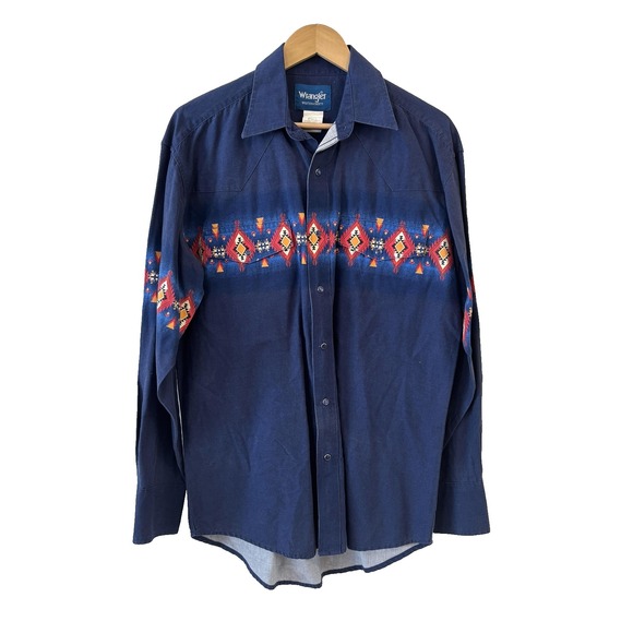 Vintage Wrangler Mens Western Pearl Snap Aztec Shirt Size M Cowboy Rodeo - Picture 1 of 9